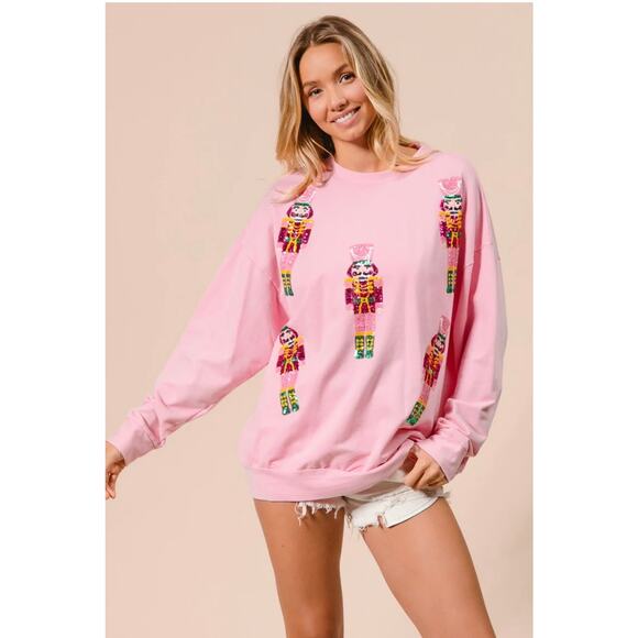 NWT BiBi Sequin Nutcracker Patched Pullover Sweatshirt Women's XL Pink Holiday - Picture 1 of 8